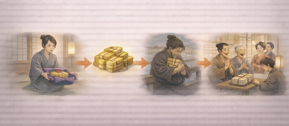 文七元結 あらすじ タイムライン図解（娘の決意→五十両→吾妻橋→大団円）