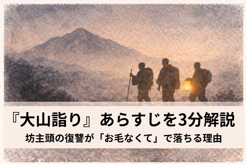 落語『大山詣り』の坊主頭の復讐とオチをイメージした江戸の参詣帰りの男たちの情景