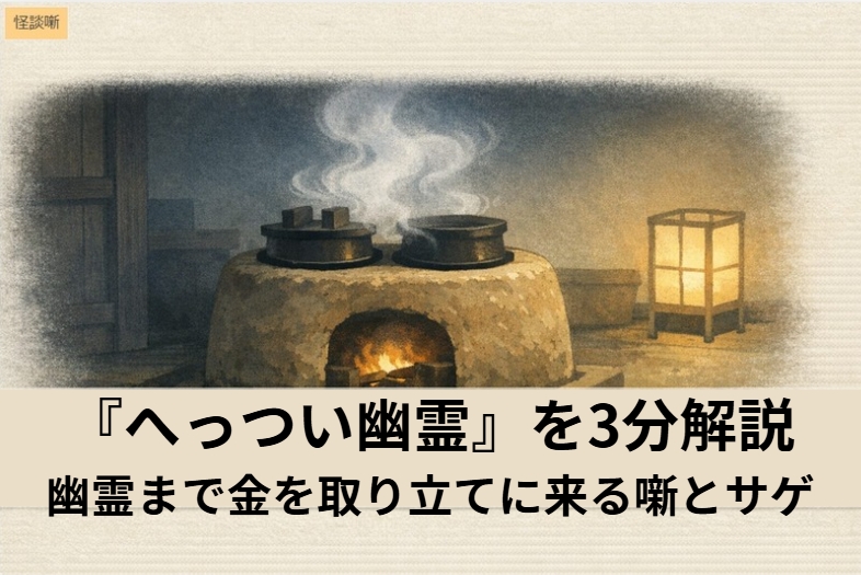 暗い台所のへっついと現れた幽霊の気配で、落語『へっつい幽霊』の怪談が金の揉め事に変わる可笑しさを表したアイキャッチ画像