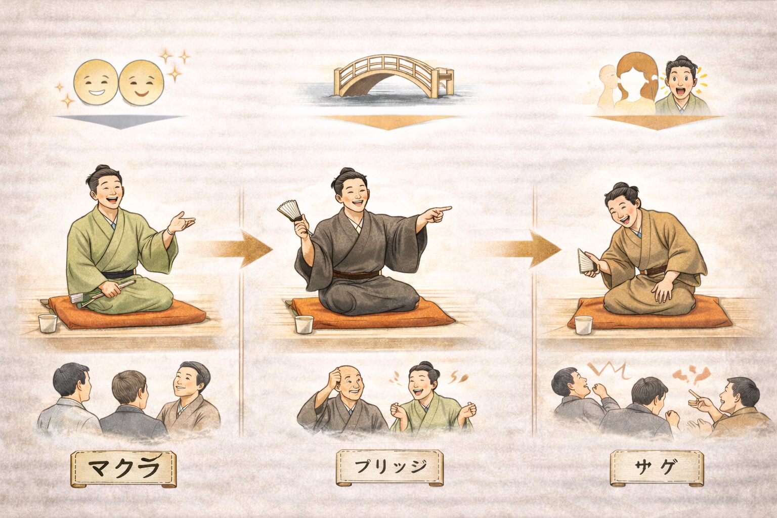 落語の話の型 図解(マクラ→ブリッジ→本題→サゲ)