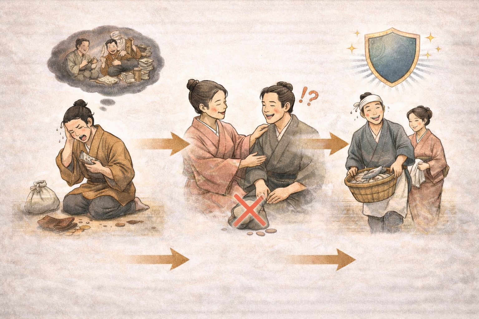 芝浜 妻の嘘が夫を救う仕組み(リスク回避)の図解