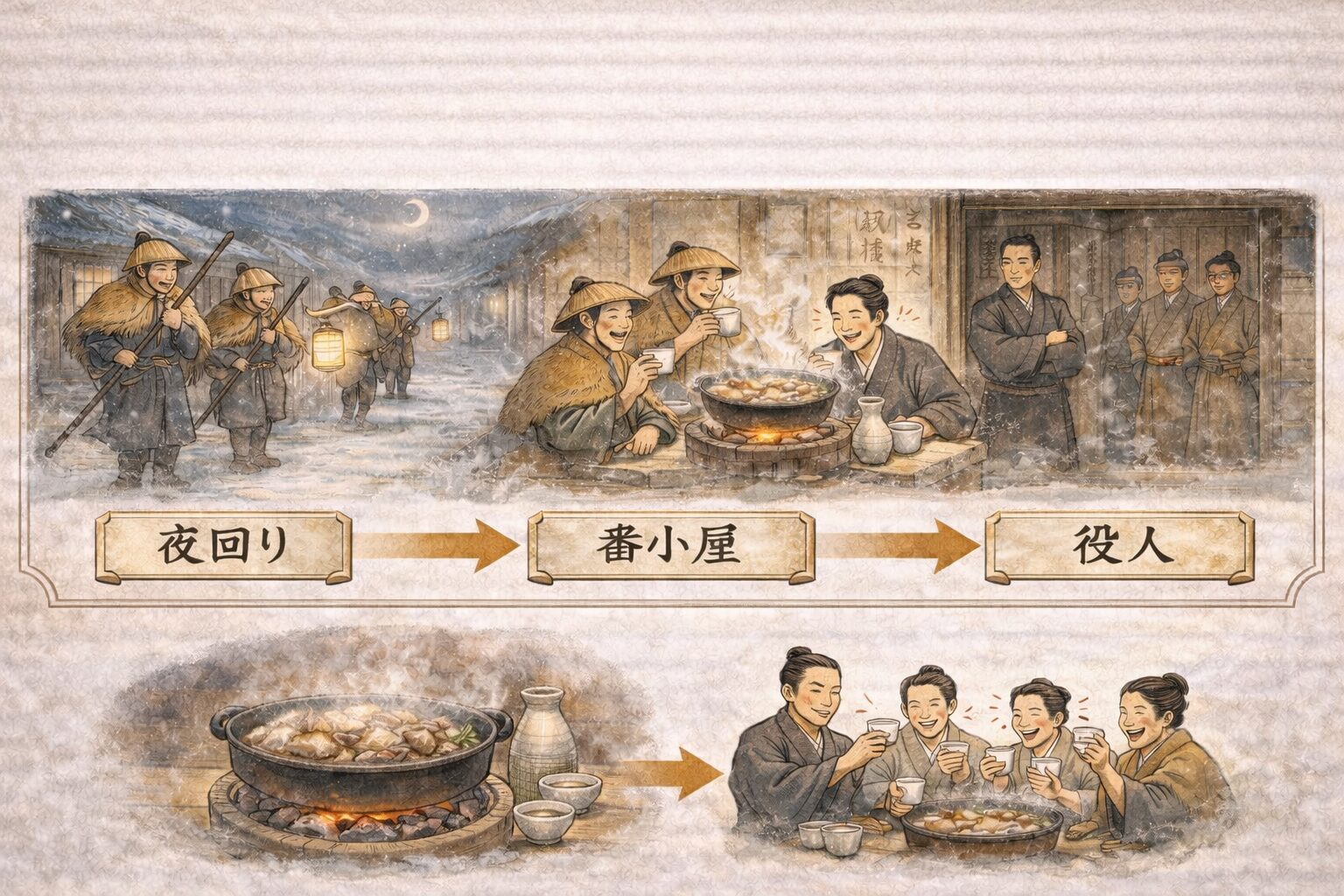 二番煎じ あらすじ タイムライン図解（夜回り→番小屋→役人→オチ）