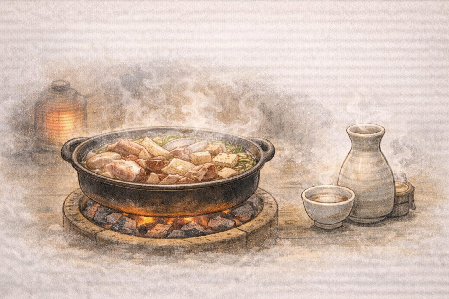 二番煎じ 猪鍋（山くじら）と熱燗のイメージ図