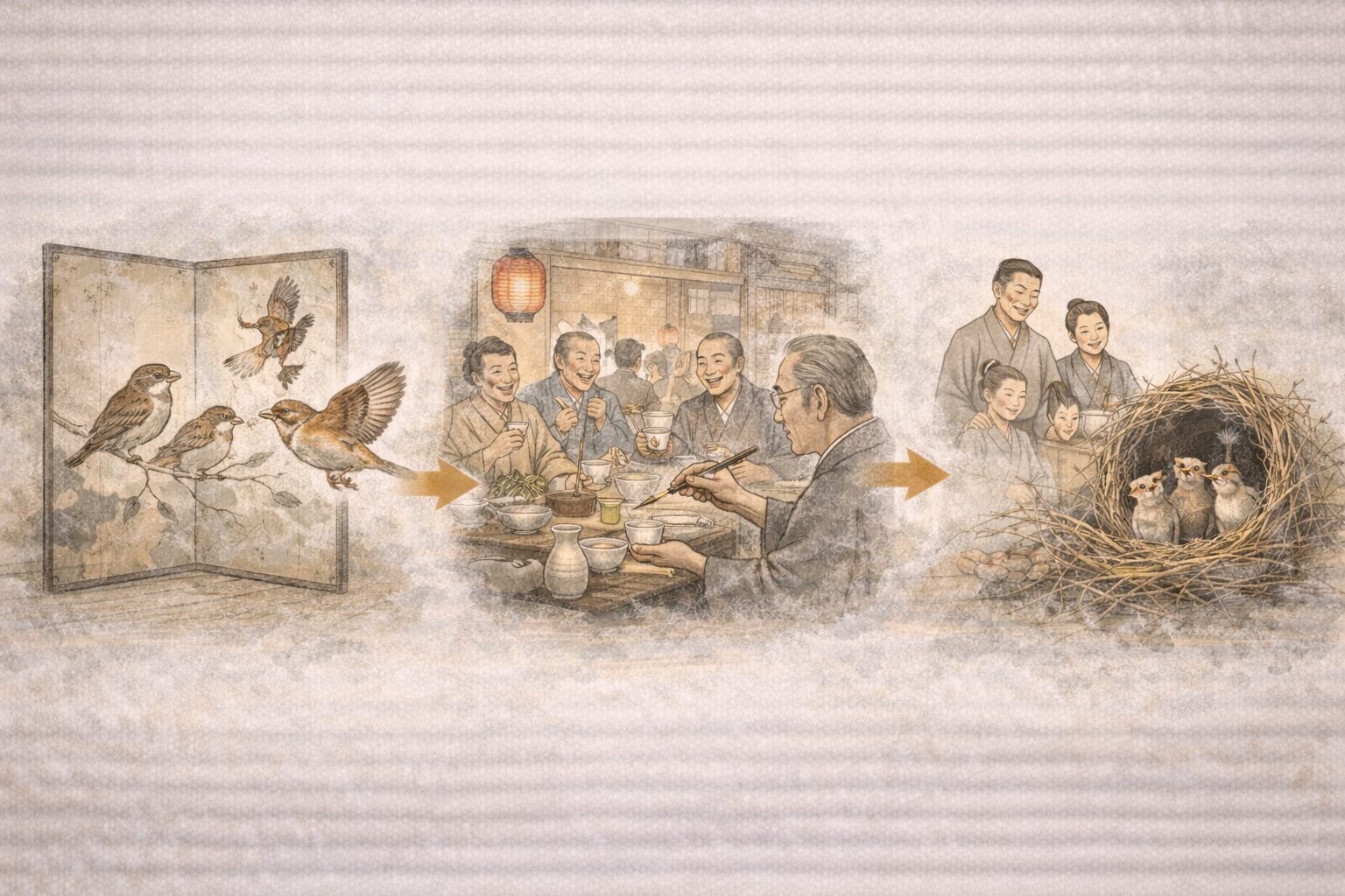 抜け雀 あらすじ タイムライン図解（衝立→繁盛→加筆→親不孝）