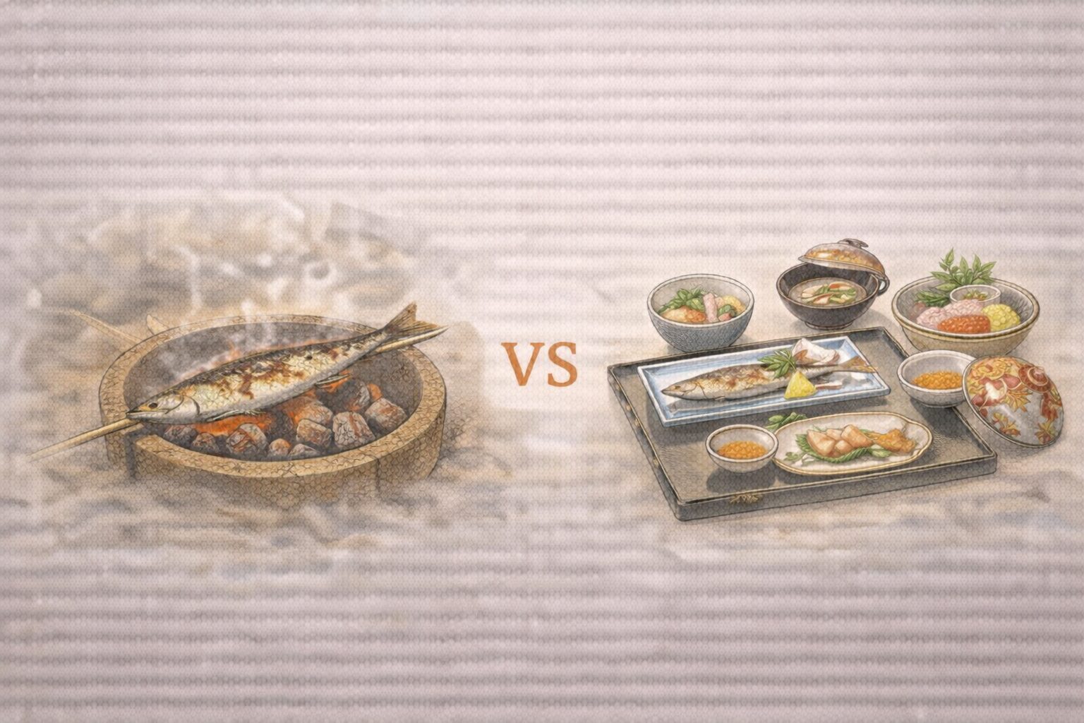 目黒のさんま 調理法の違い 図解（炭火焼きと城の料理）