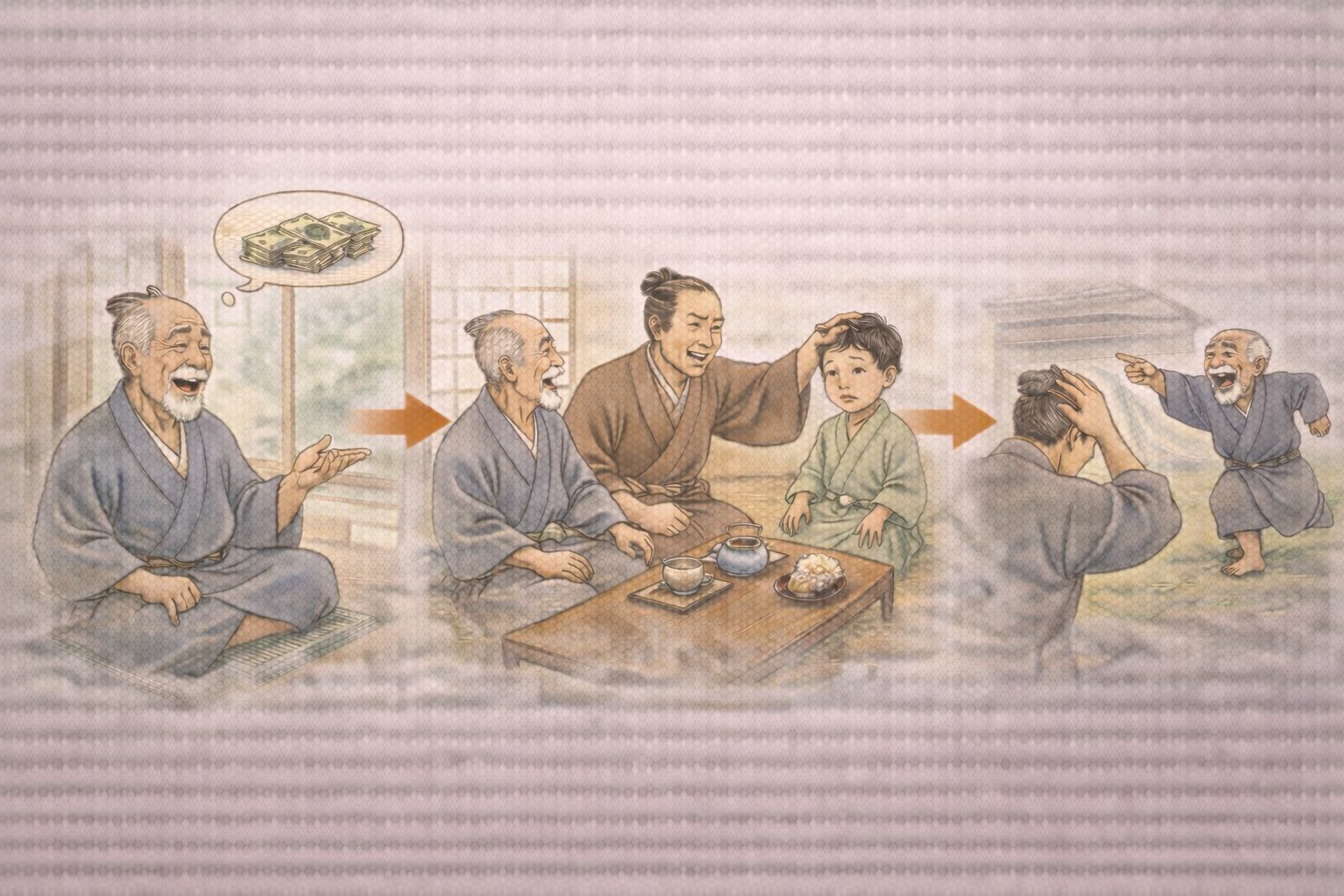 子ほめ あらすじ タイムライン図解（隠居→訪問→失言→失敗）