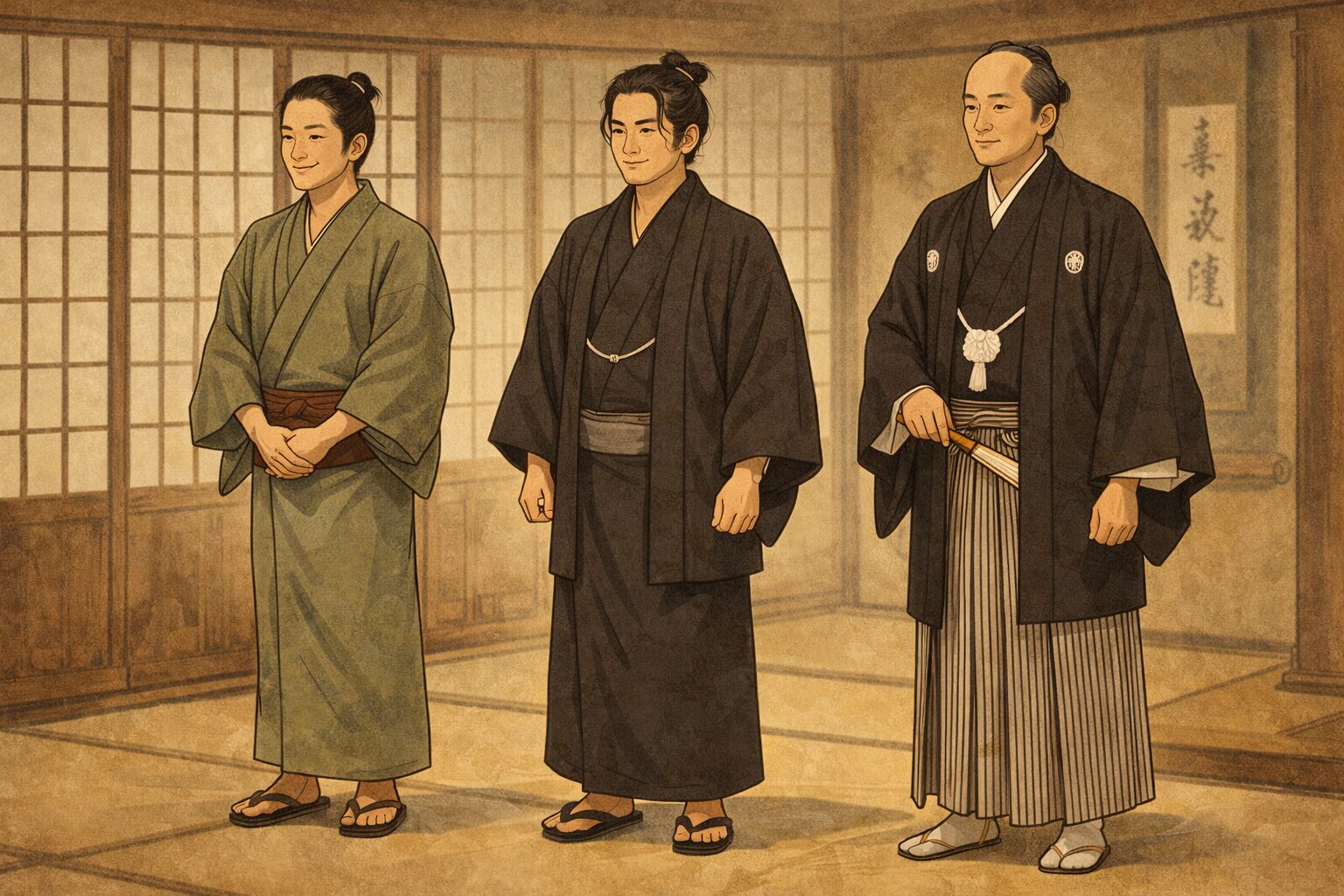 落語の階級 図解（前座は着流し、二ツ目は羽織、真打は紋付羽織袴のイメージ）