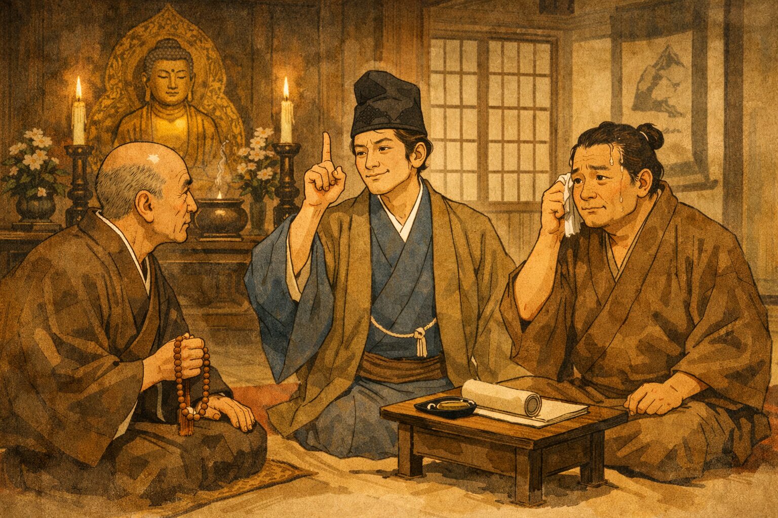 転失気 あらすじ タイムライン図解（婉曲表現→知ったかぶり→嘘→オチ）