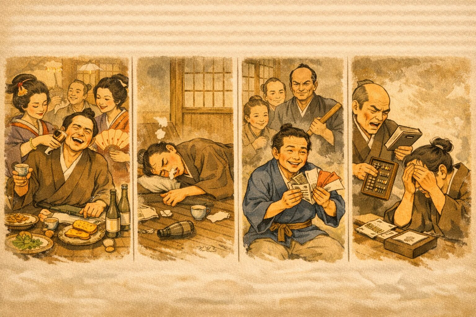 居残り佐平次 あらすじ タイムライン図解（豪遊→居残り→祝儀→清算）