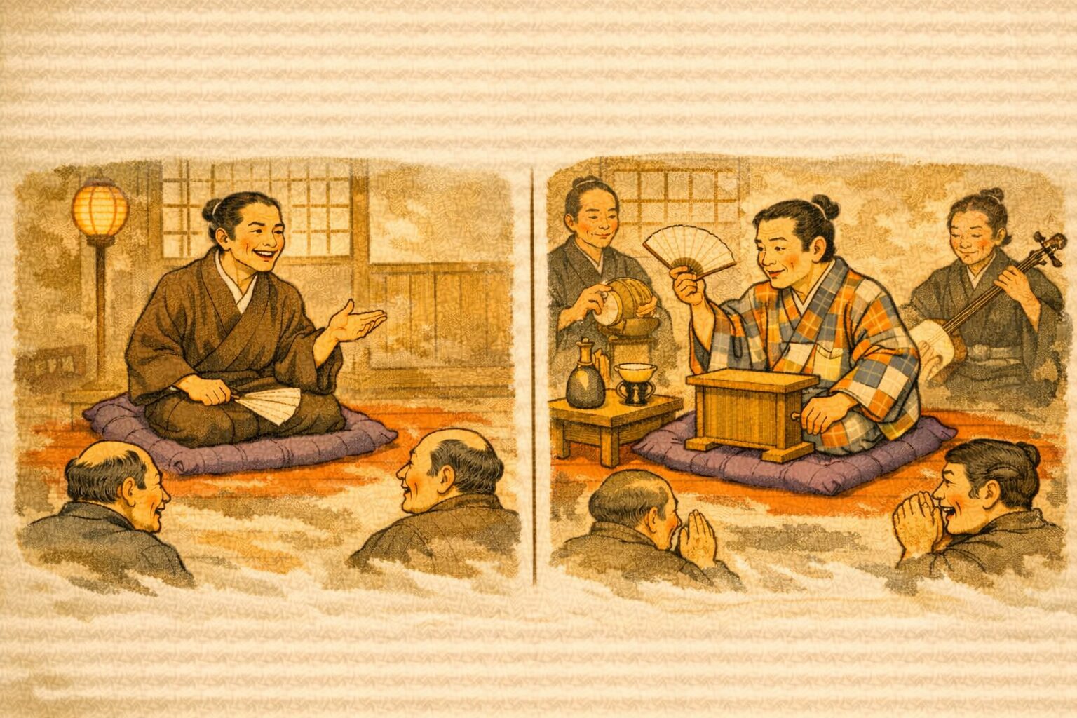 江戸落語と上方落語の違い図解(座布団のみと見台・鳴り物の対比)