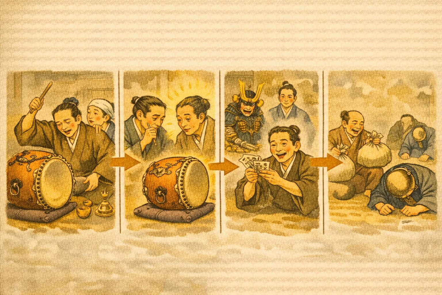 火焔太鼓 あらすじ タイムライン図解（太鼓→名品→三百両→逆転）