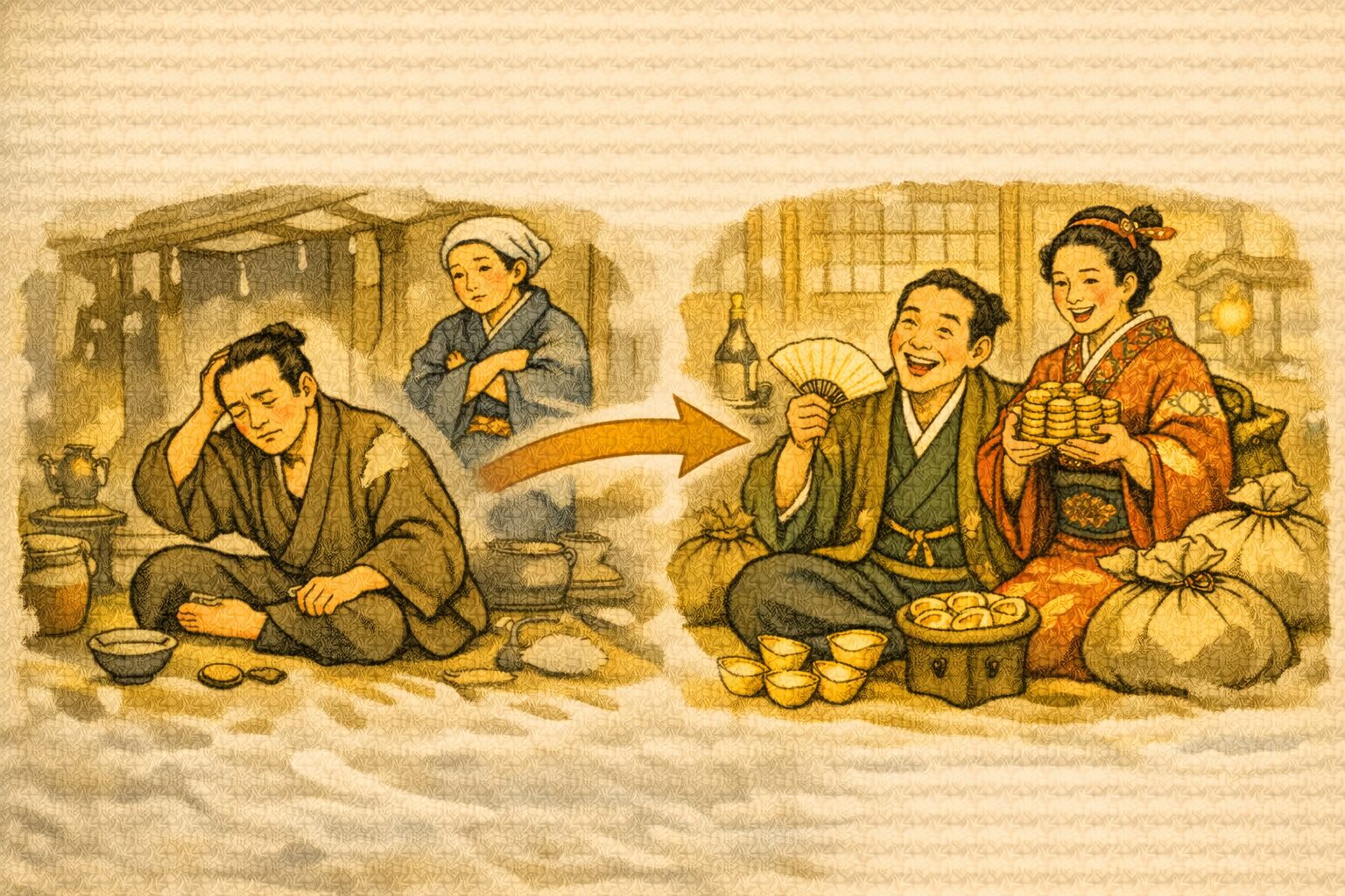 火焔太鼓 夫婦の立場逆転を示す構造図（貧乏→大金）