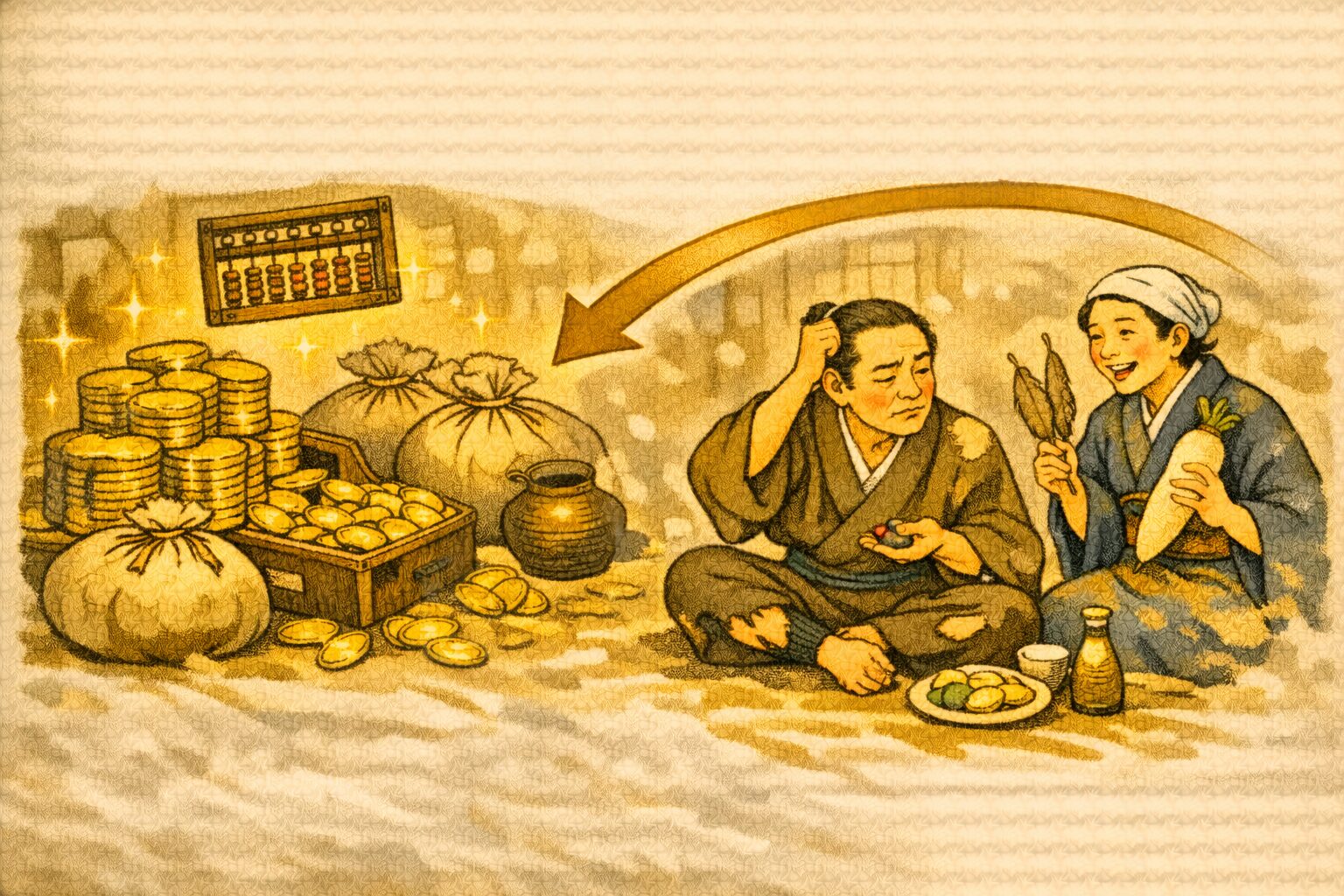 火焔太鼓 三百両の大金とオチの金銭感覚を示す図解