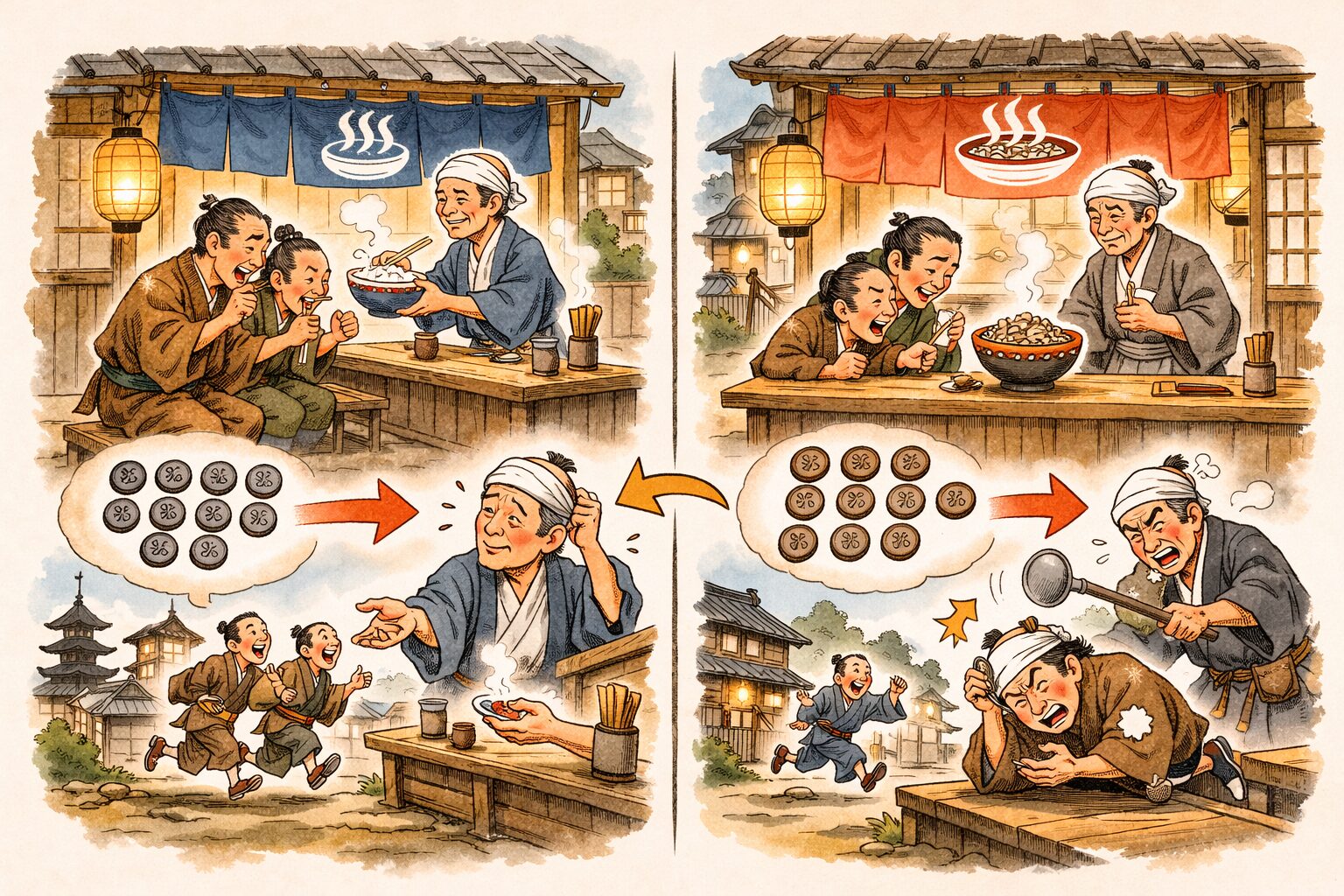 時うどんと時そばの違い（上方版と江戸版の対比図解）