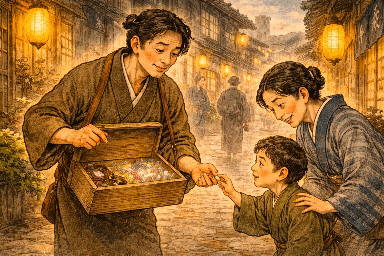 孝行糖の若者が夕暮れの町で木箱の飴を売り、日銭を工面する場面の和風イラスト