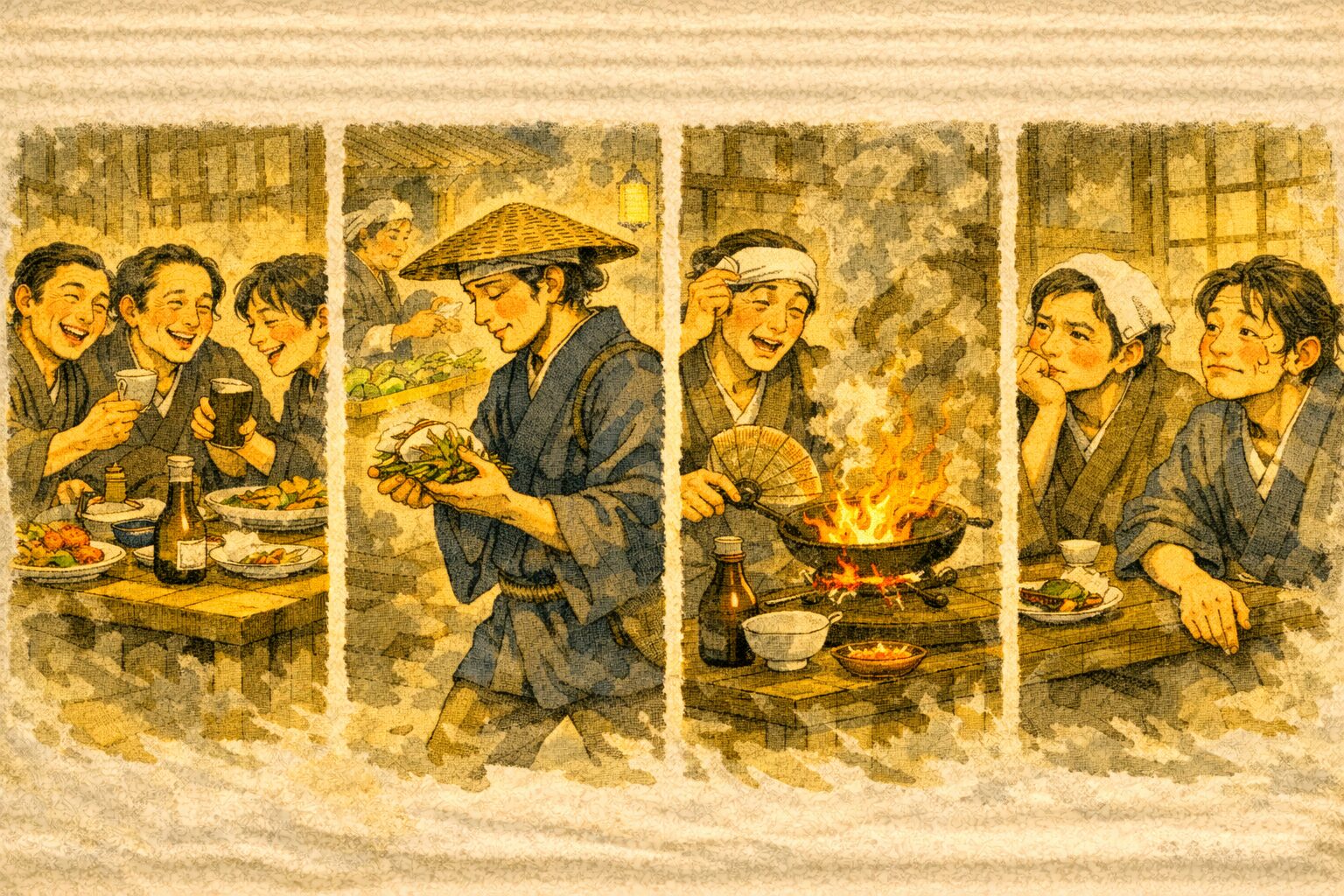 寄合酒 あらすじ 図解（事故の連鎖：持ち寄り→調達→料理失敗→オチ）