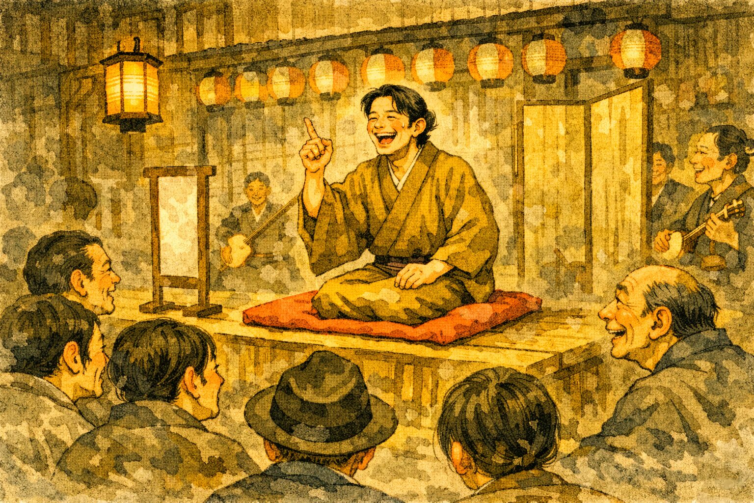 落語の歴史 4フェーズ図解(起源→辻噺・座敷噺→寄席→現代のメディア・配信)