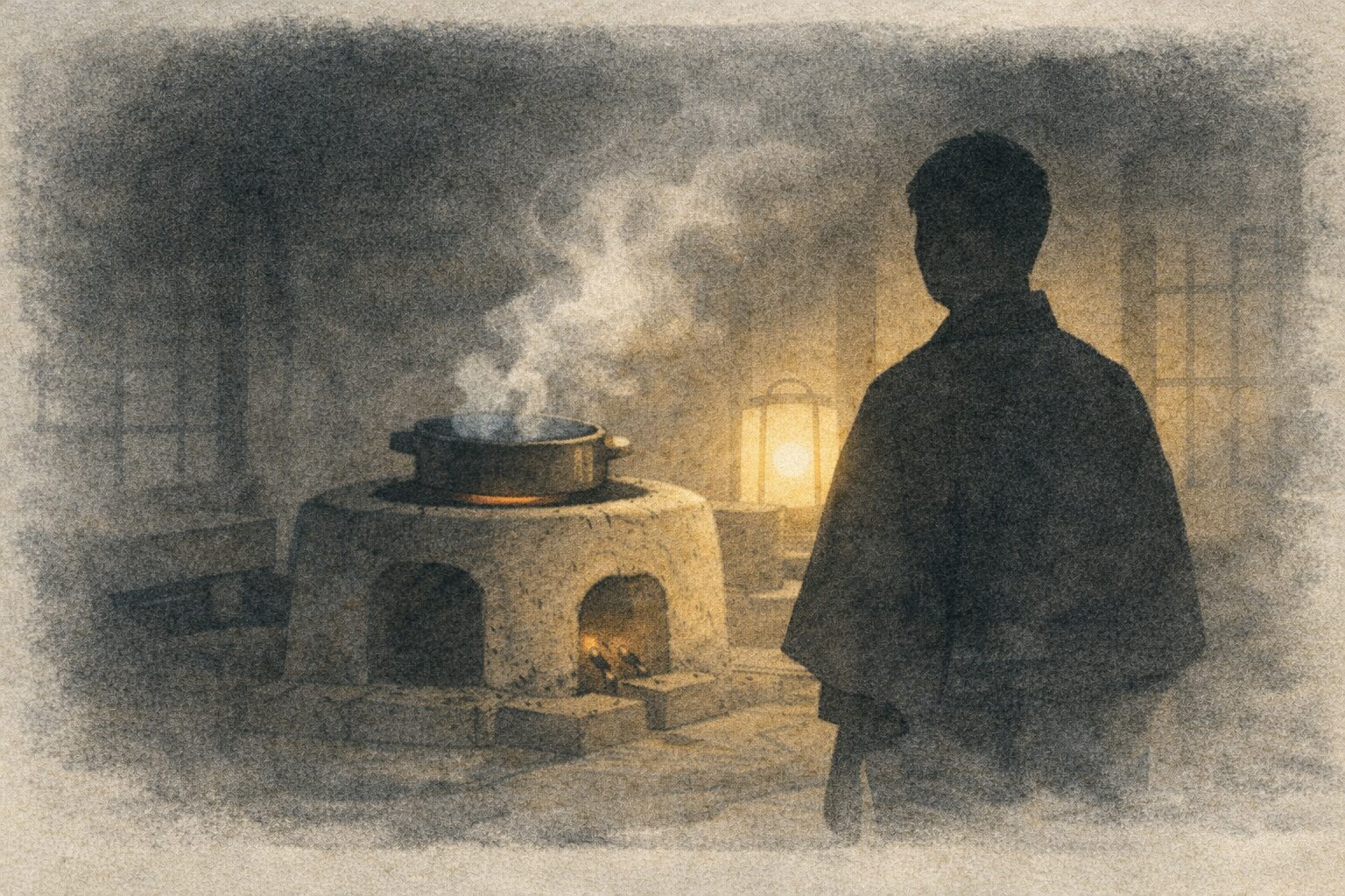 暗い台所でかまどの前に立つ男の影と、白い霞のような気配