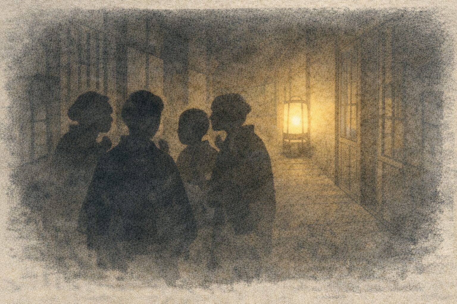 長屋の廊下で噂話をする住人たちの影と夜の灯り