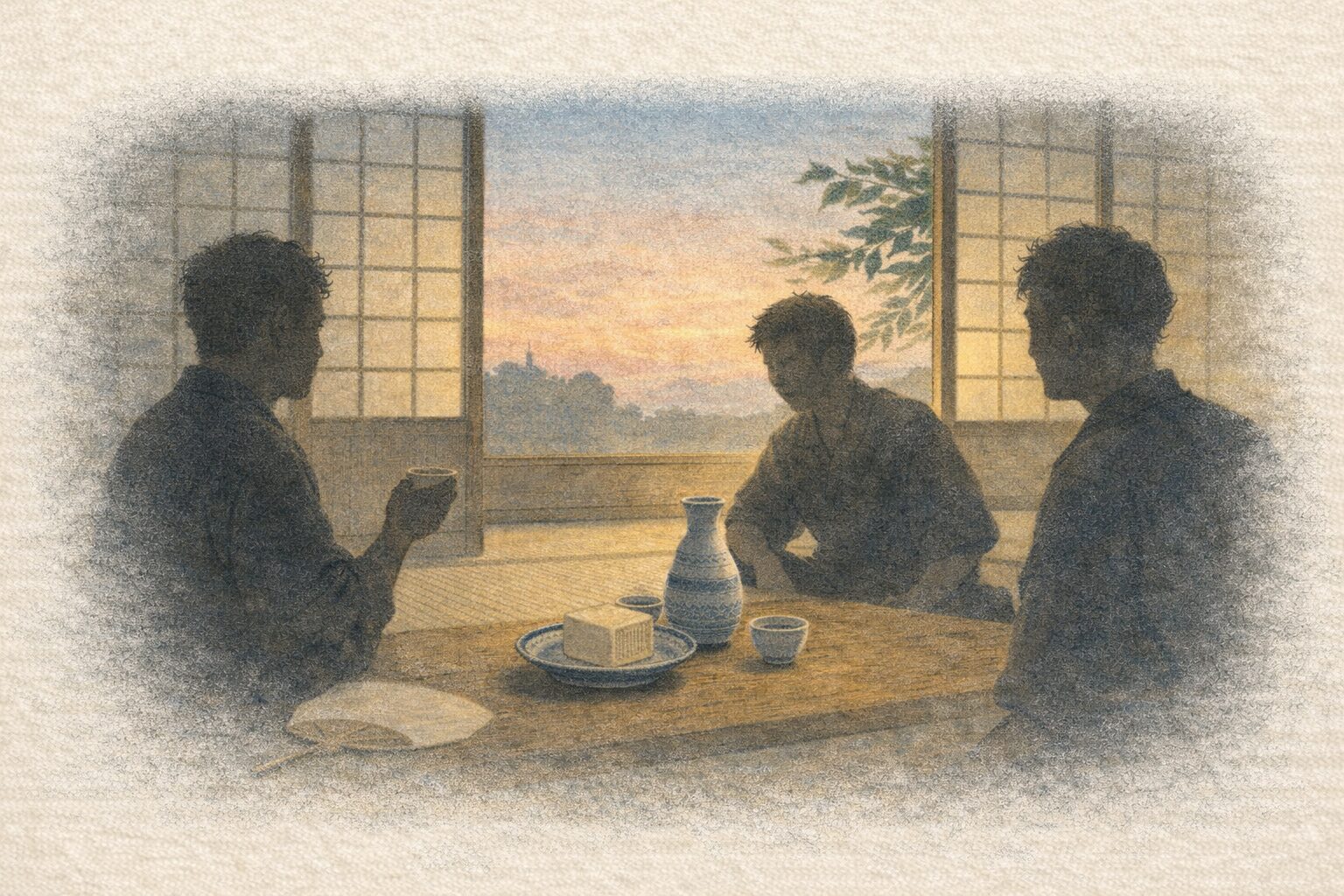 暑い長屋の座敷で酒盛りをする若い衆の一場面