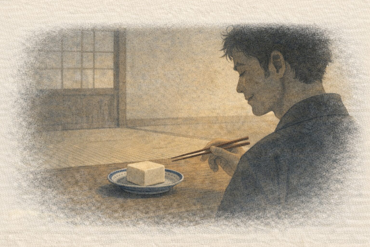 記事中画像2(文字なし/1シーン) alt:皿の豆腐を前に通ぶった表情で箸を止める若旦那の一場面 プロンプト:ミニマル和風イラスト、横長16:9。和紙質感、落ち着いた色調。座敷の卓上に小皿の豆腐と箸。手前に若旦那の後ろ姿〜横顔のシルエット(表情は描き込みすぎないが、通ぶった雰囲気)。背景は簡素、文字・数字なし、1シーンのみ、高解像度。
