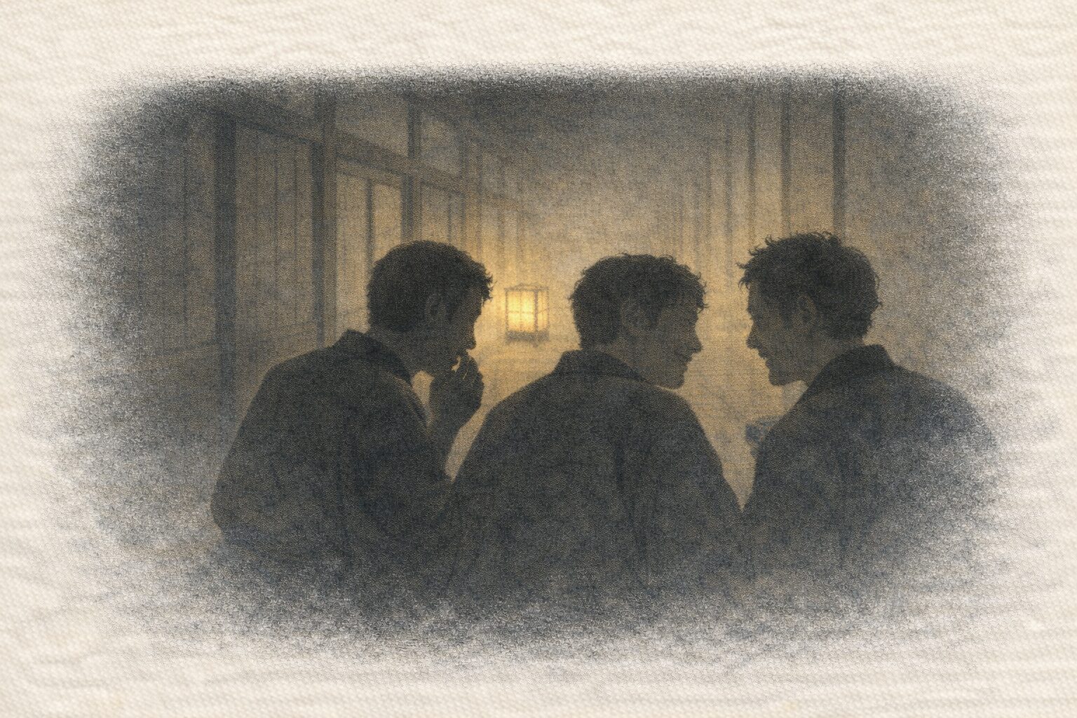 夜の長屋で小声で笑い合う若い衆の影の一場面