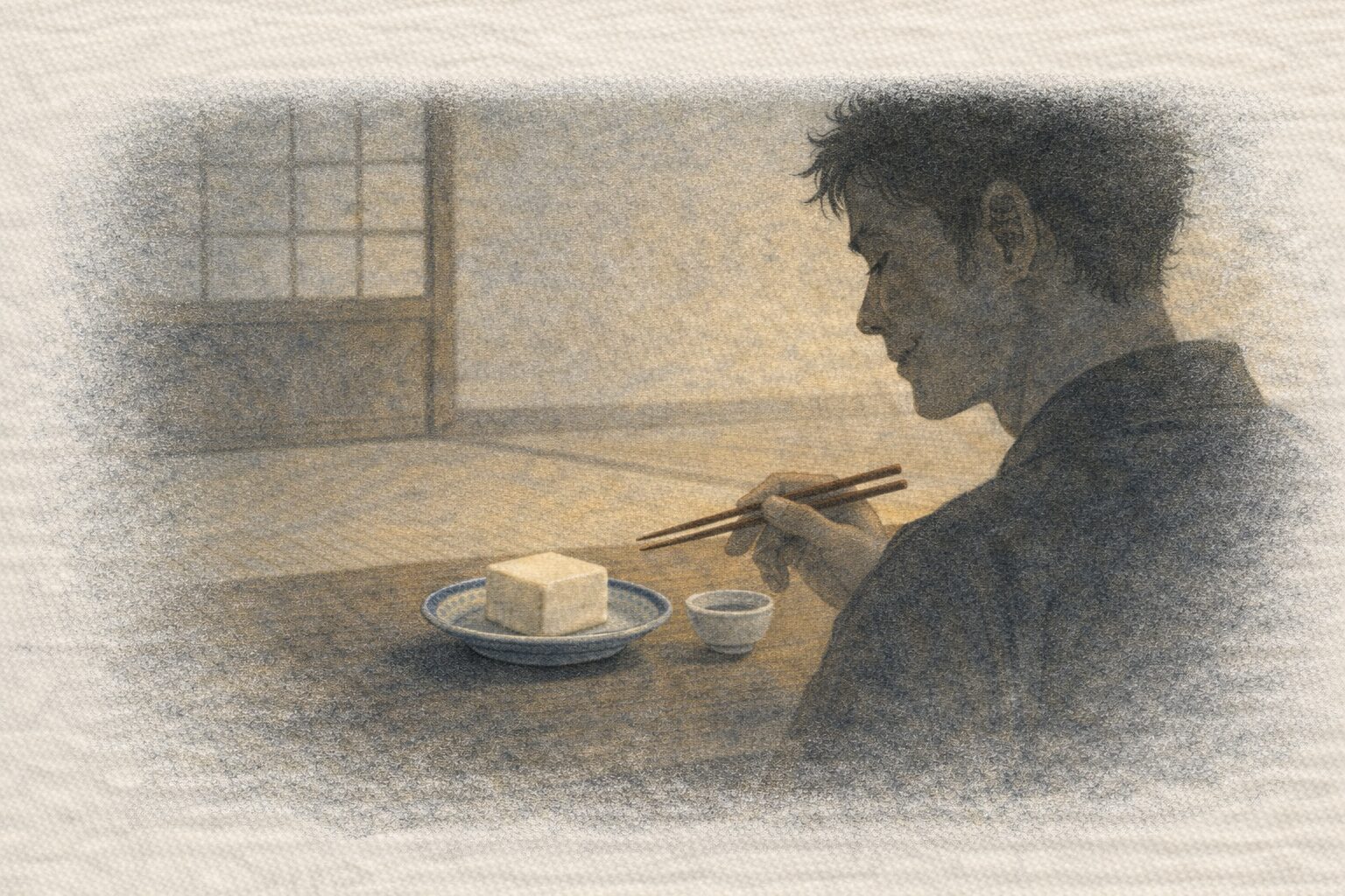 小皿を前に箸を止める男の影シルエットの一場面