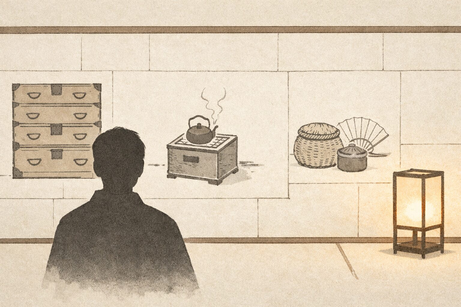 紙を貼った部屋に描かれた箪笥や火鉢の絵を眺める一場面