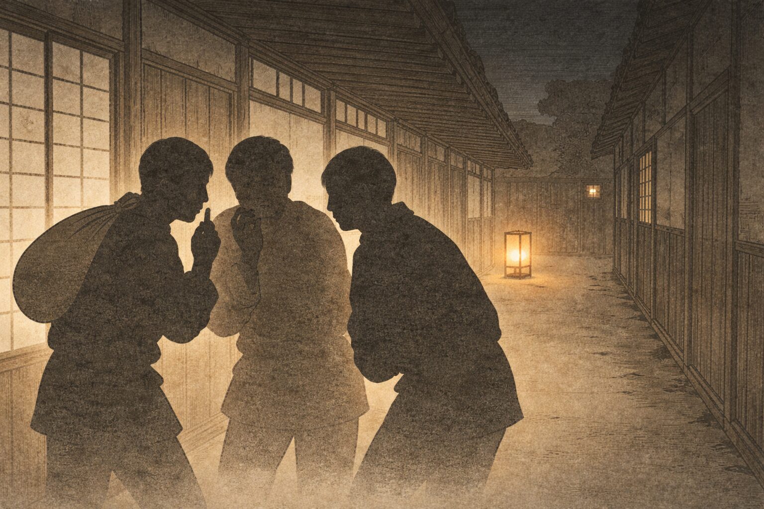 夜の長屋の廊下で小声で話す人影の一場面