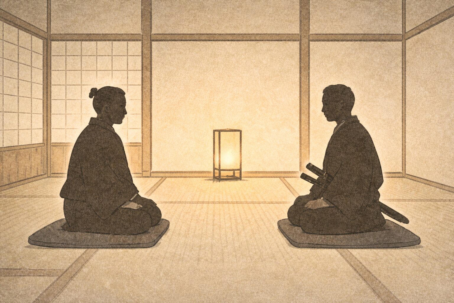 武家屋敷の使者の間で取次と武士が向き合う一場面