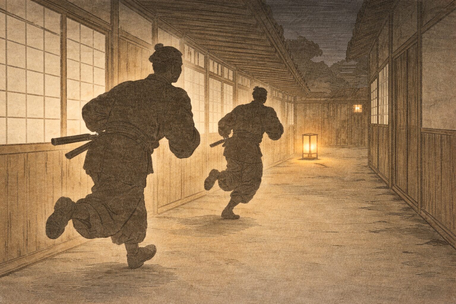 廊下で人を呼びに走る家臣たちの影の一場面