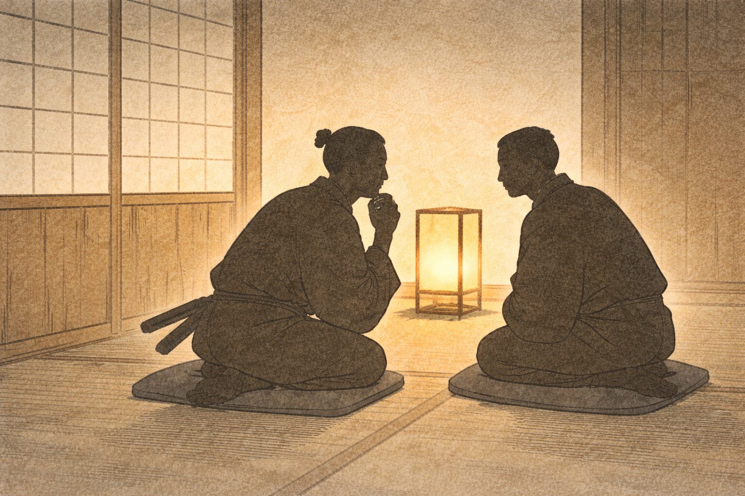 夜の行灯の光の下で相談する人影の一場面