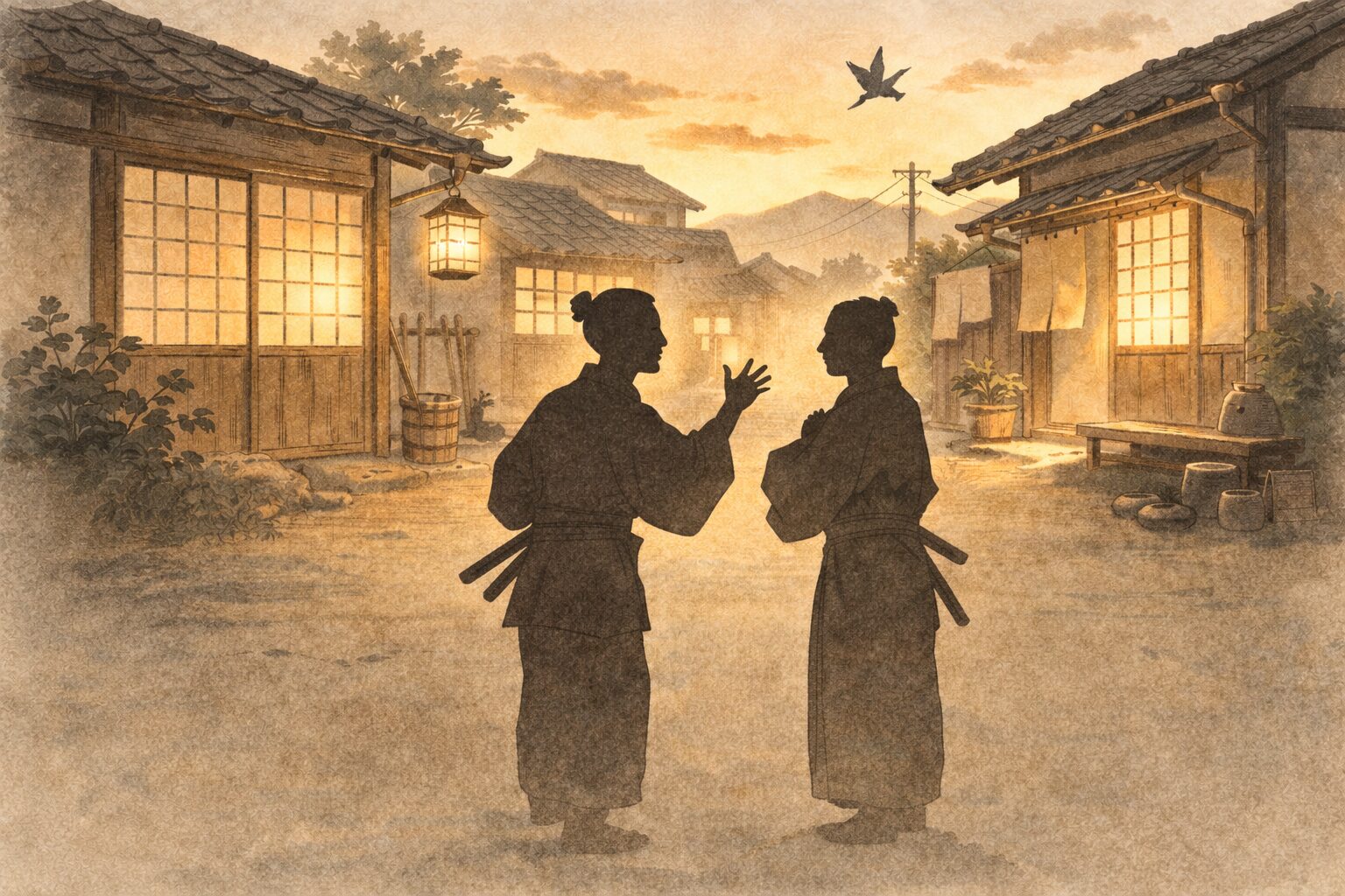 夕方の長屋の路地で二人が語り合う一場面