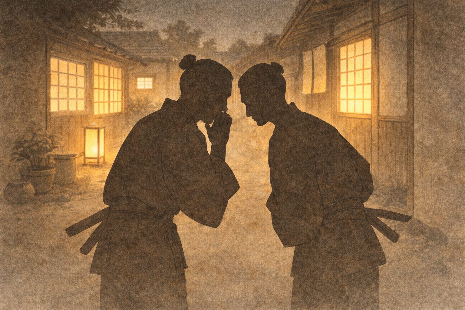 夜の長屋の明かりの下で小声で話す人影の一場面