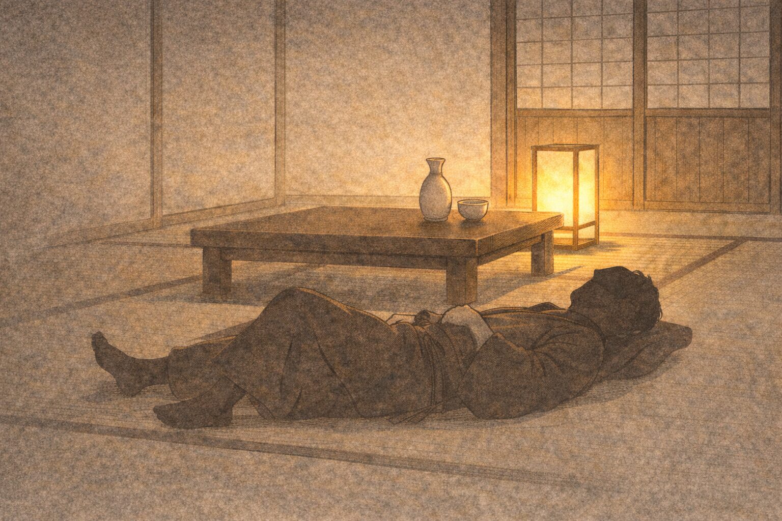 夜の長屋の座敷で行灯の光の下、酔った亭主が寝転ぶ一場面
