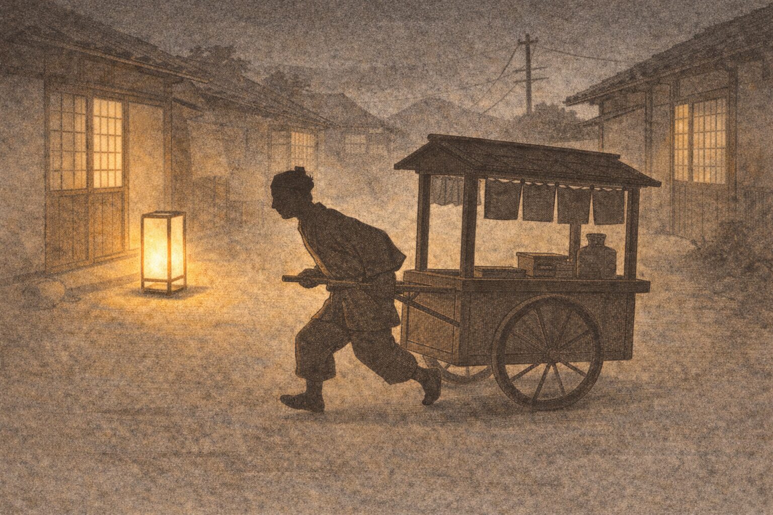 夜道で屋台を引いて逃げるうどん屋の影と行灯の灯りの一場面