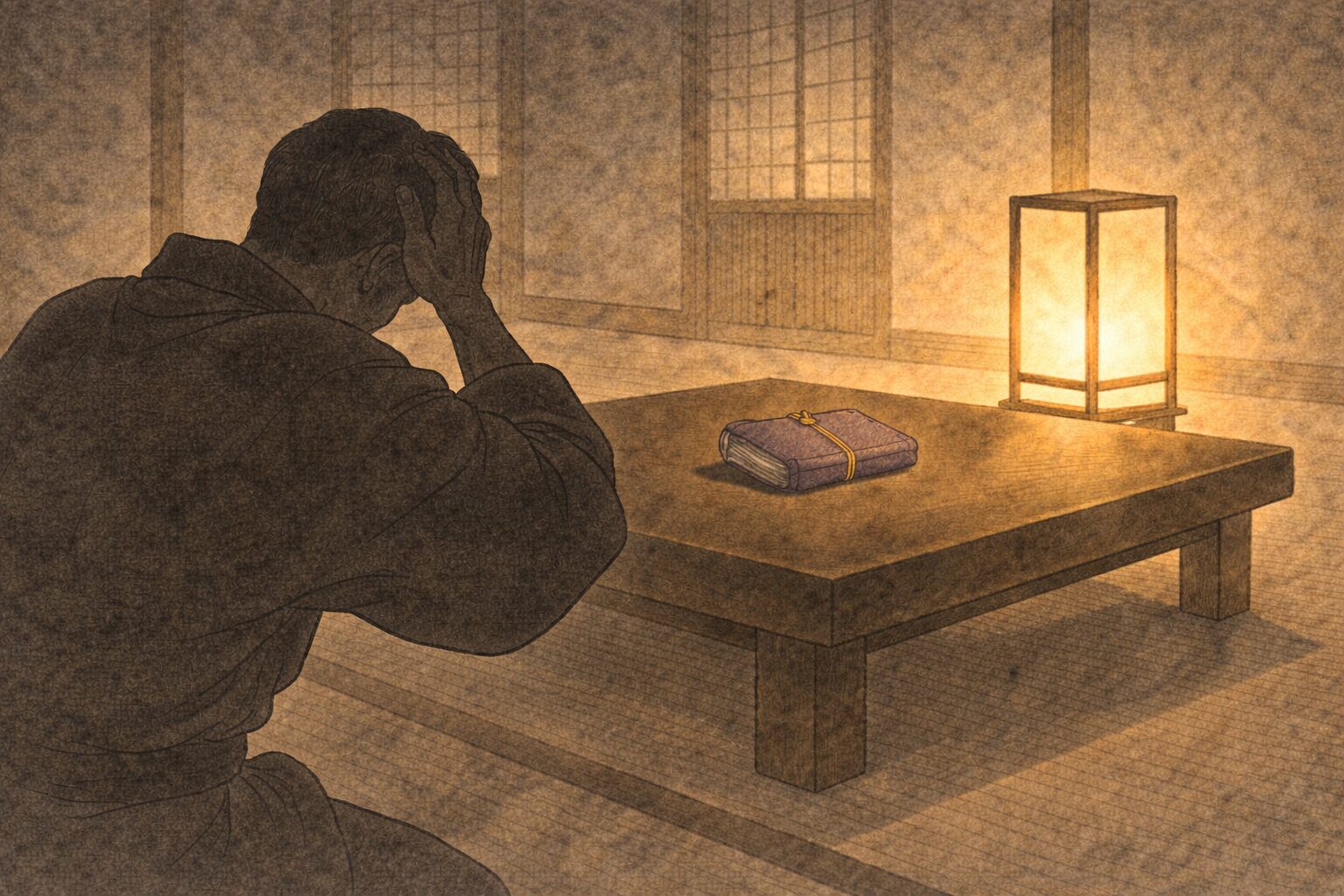 夜の商家の座敷で、行灯の光と紙入れを思い出して青ざめる男の影の一場面