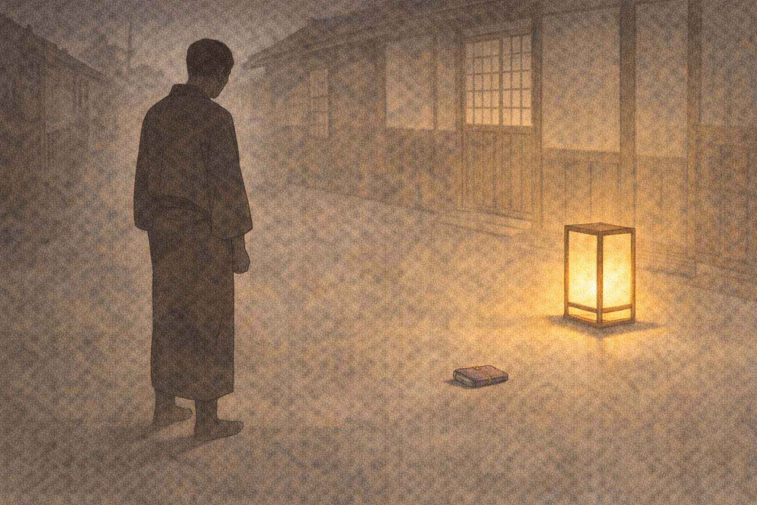 夜の路地で落とし物に気づいて立ち尽くす男の影と行灯の光の一場面