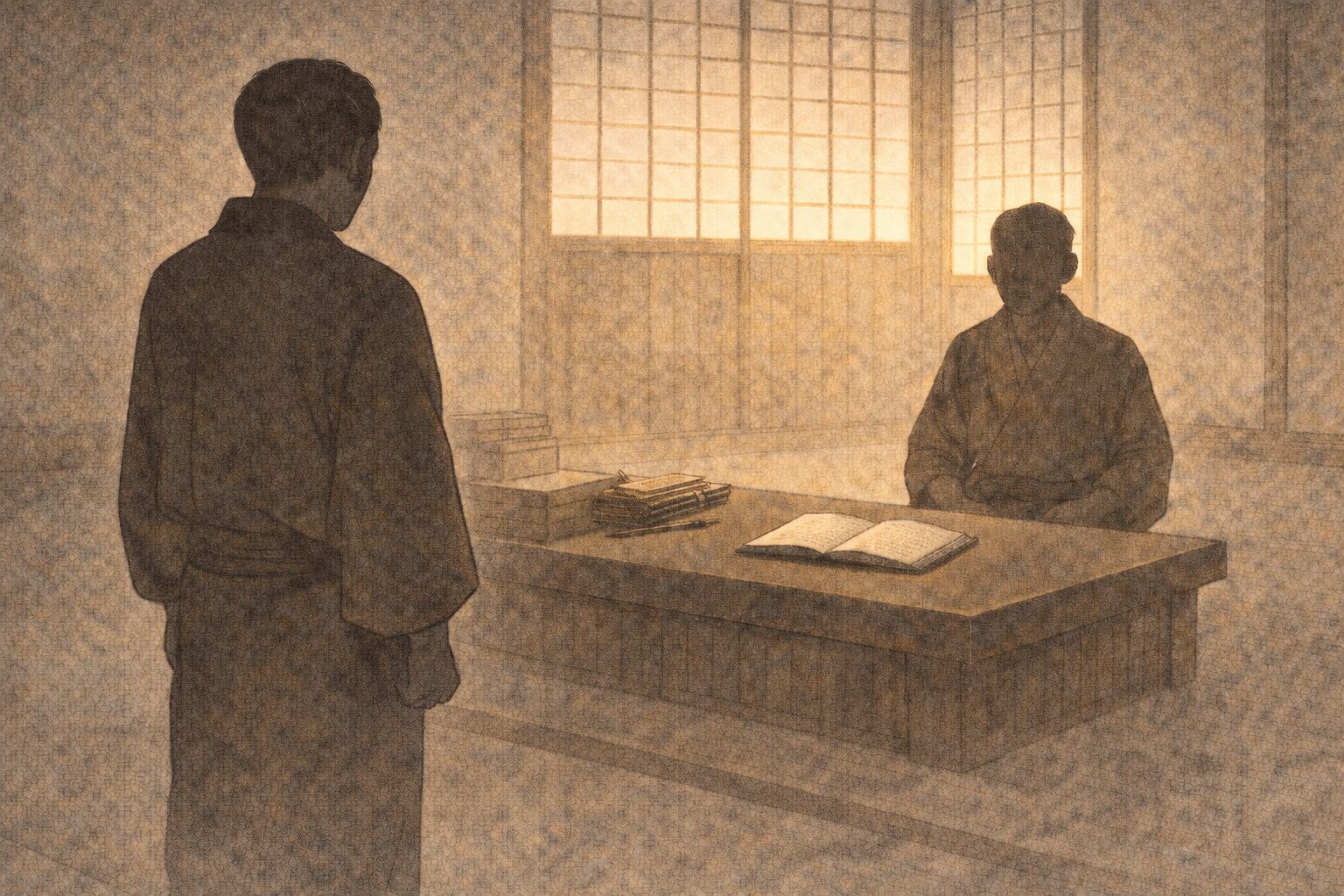 朝の商家の帳場で、亭主の前で固まる男の影シルエットの一場面