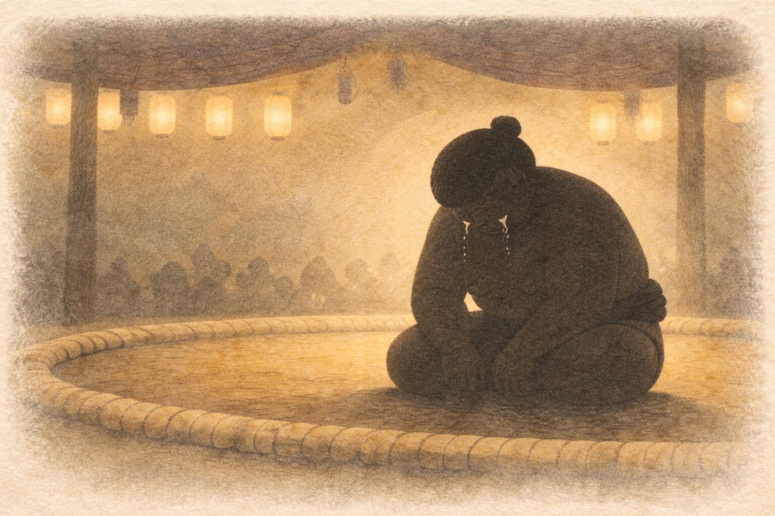 土俵で目をつぶって涙を流す力士の影シルエットの一場面