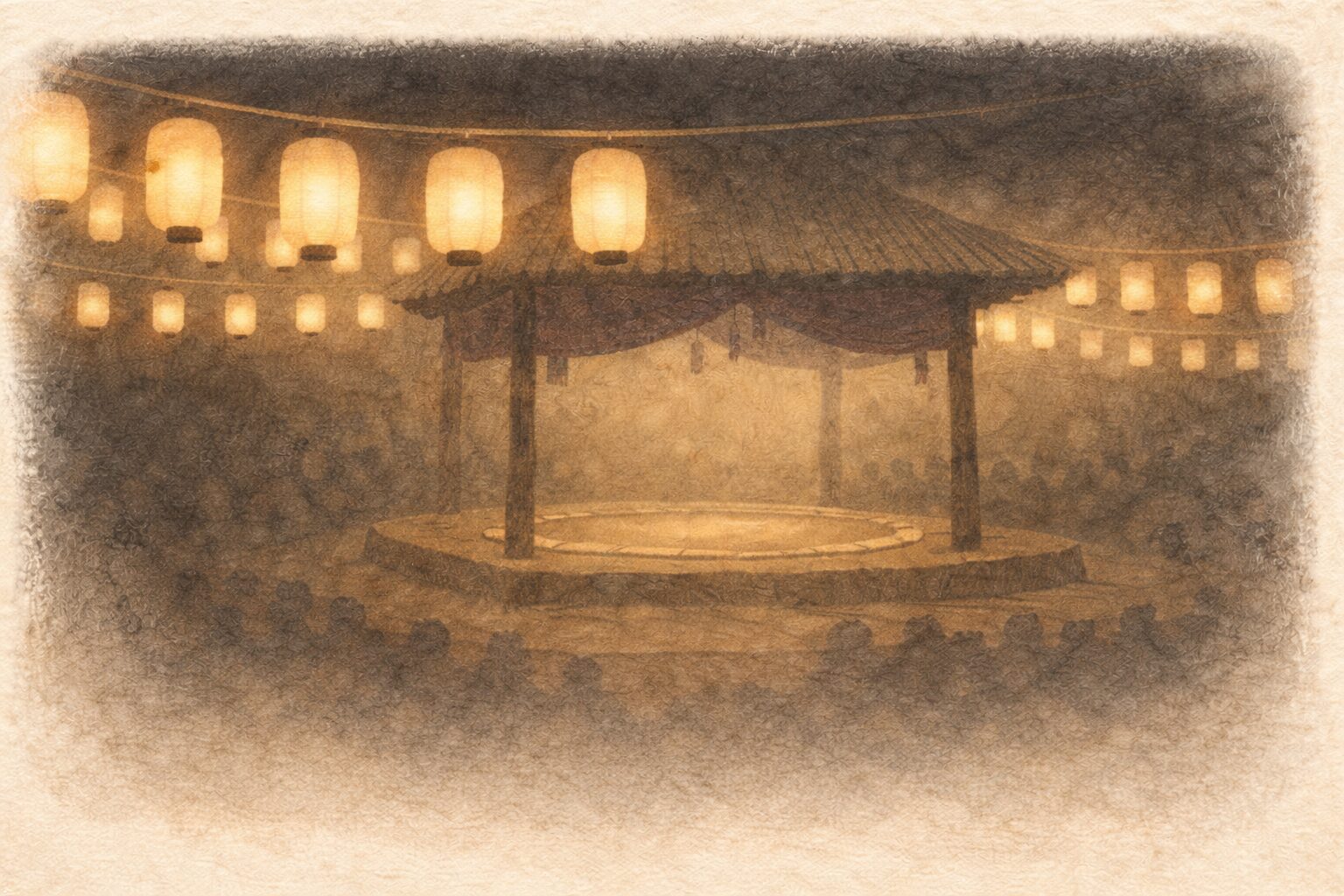 夜の興行場の提灯と土俵の輪郭が浮かぶ一場面