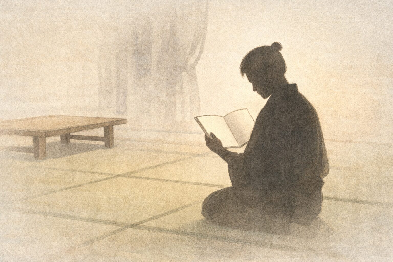 稽古場で忠臣蔵の台本を手にうつむく若手役者の影の一場面