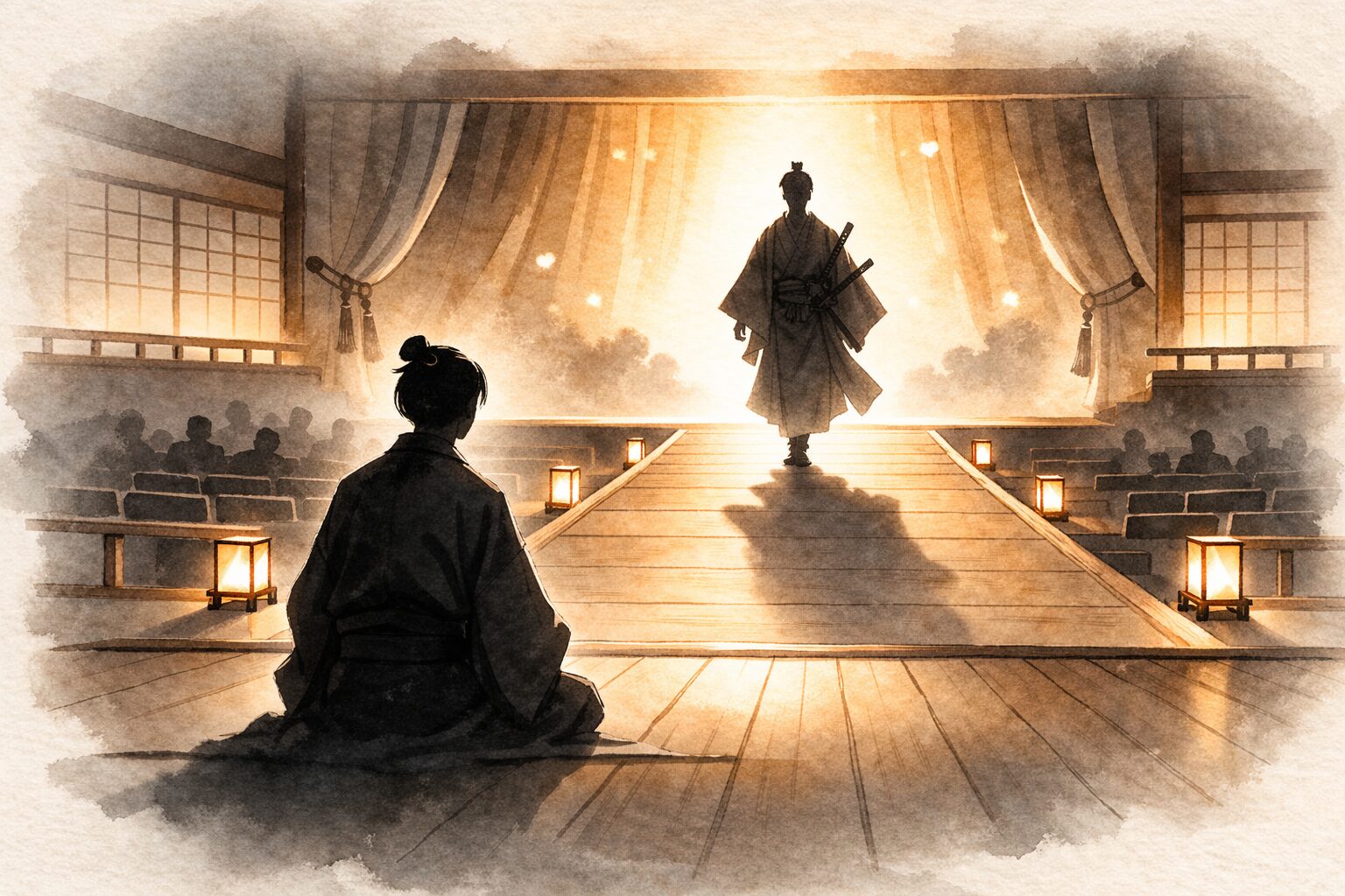 花道の奥から由良之助役の影が近づき舞台の緊張がほどける一場面