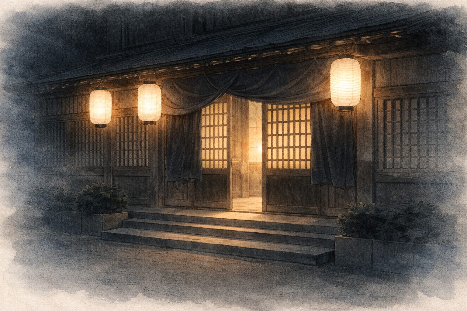 夜の芝居小屋の外に提灯の灯りだけが残る余韻の一場面