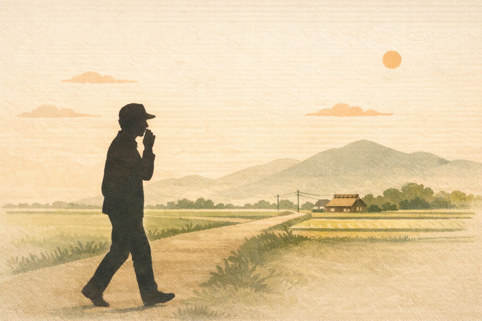 田舎道で褒め言葉を口の中で復唱しながら歩く男の影の一場面