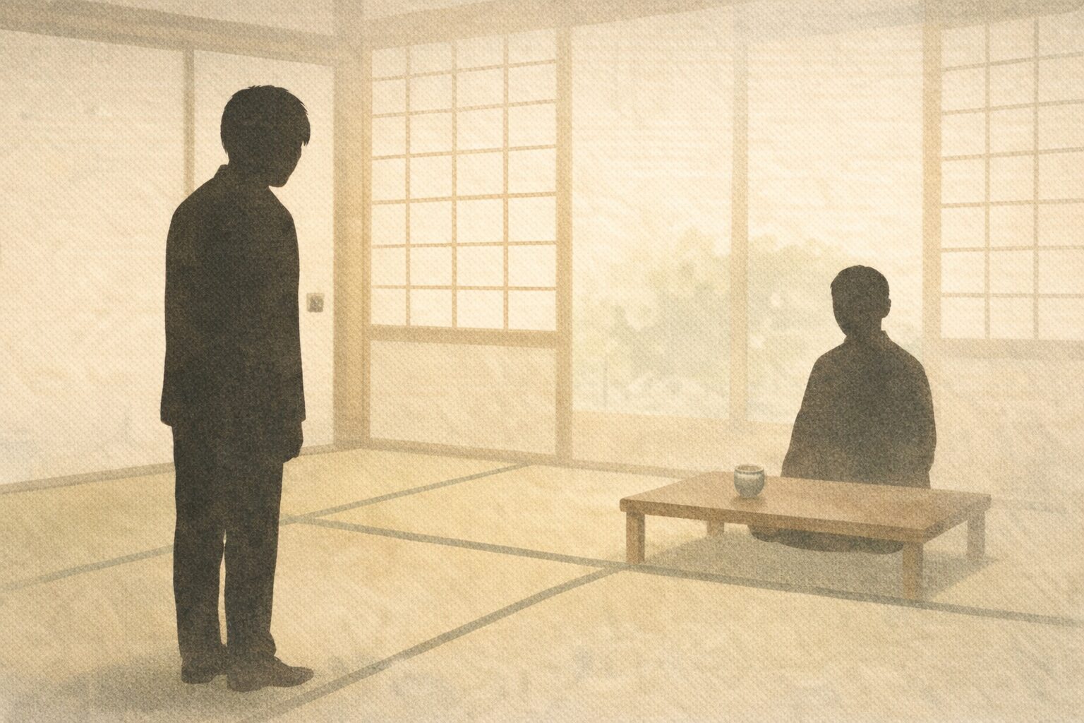 座敷の場で挨拶する男が言い間違えて固まる影の一場面