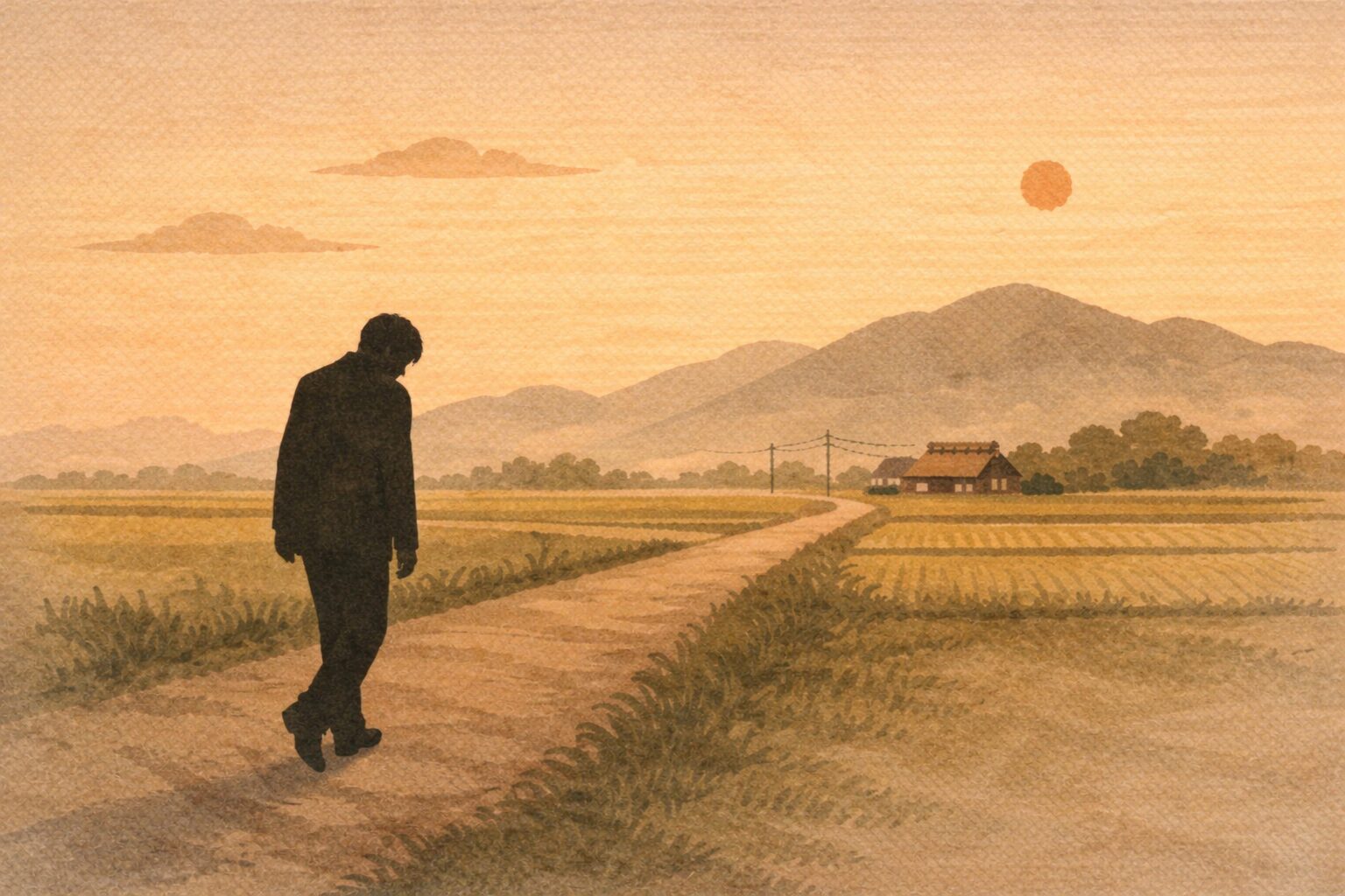 夕暮れの道で肩を落として帰る男の影と田畑の一場面