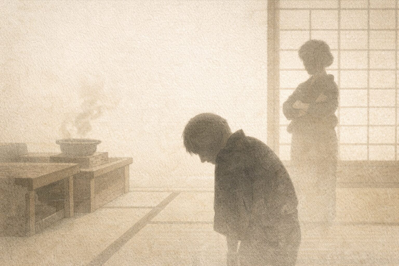 商家の台所で権助が呼び出され、困ったように立つ一場面