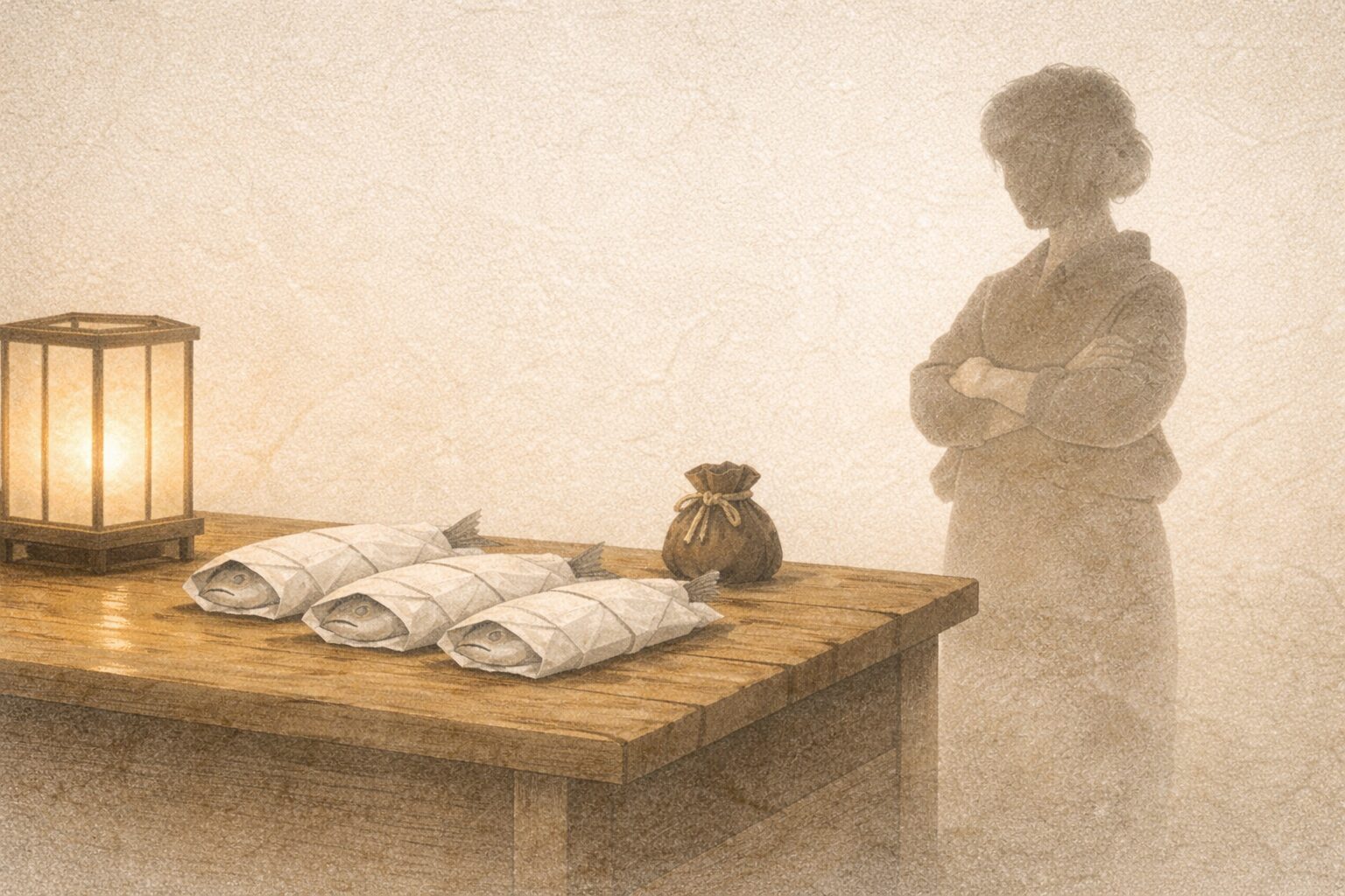台所の卓に魚が並び、女将が腕を組む影の一場面