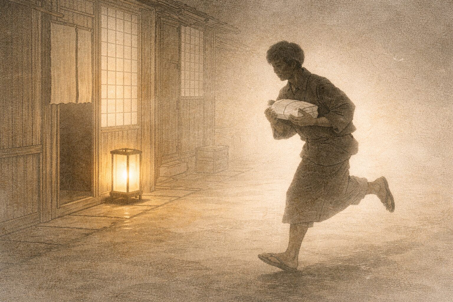 夜の路地で包みを抱えて急ぐ権助の影の一場面